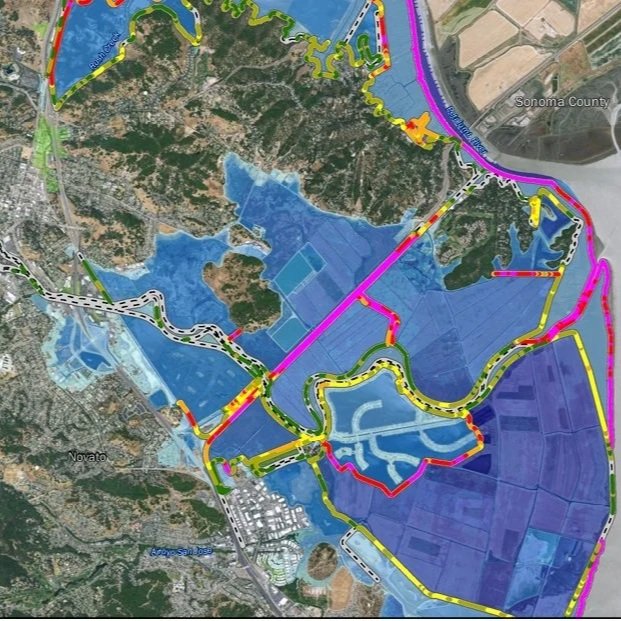 Map showing a network of colored lines and areas around Sonoma County and Novato, California, indicating planned or existing routes and zones.