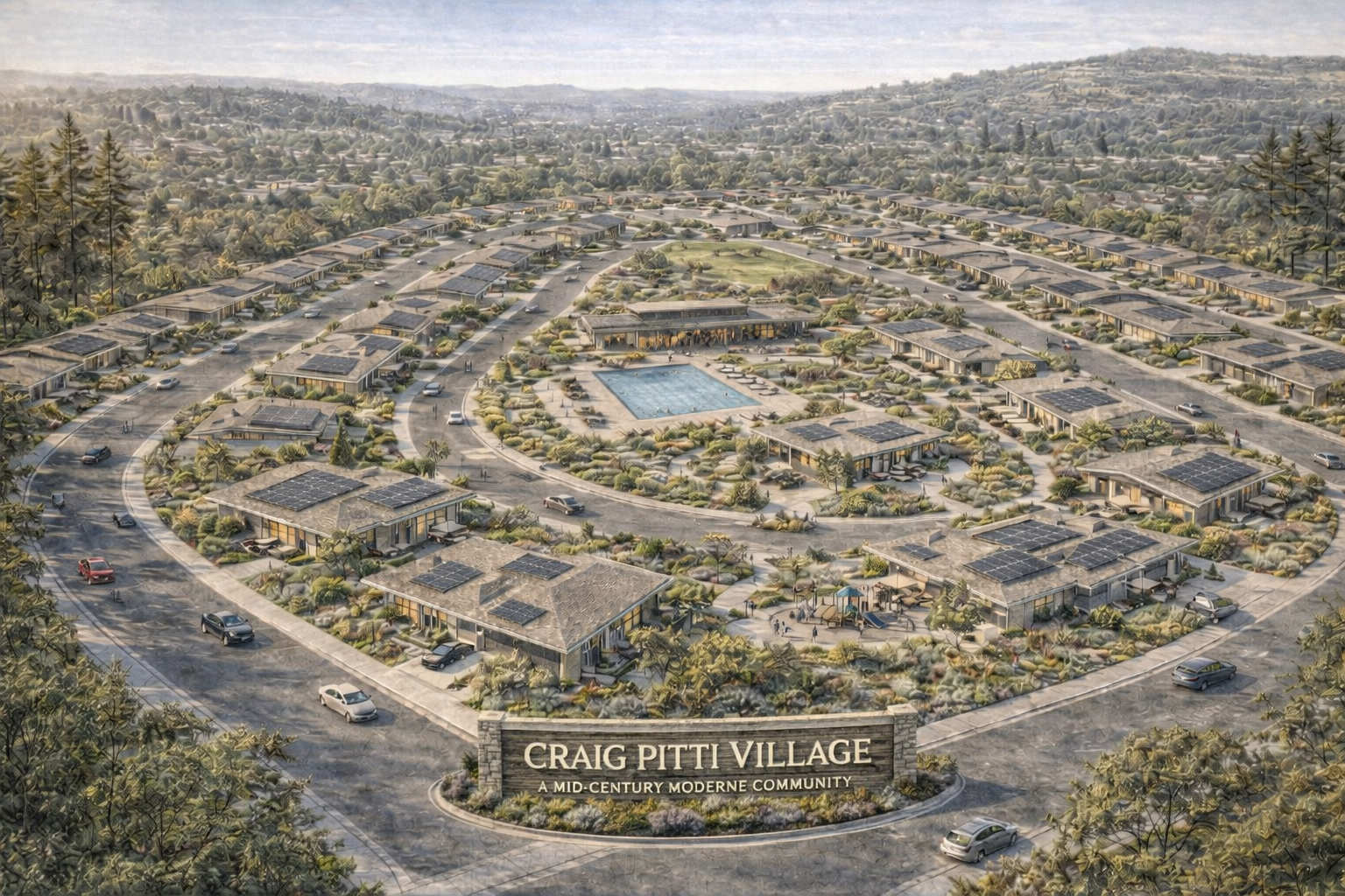 Aerial rendering of Craig Pitti Village, a modern community with single-story buildings, solar panels, a central swimming pool, green landscaping, and curved roads, with a sign at the entrance that reads "CRAIG PITT VILLAGE - A MID-CENTURY MODERNE COMMUNITY."