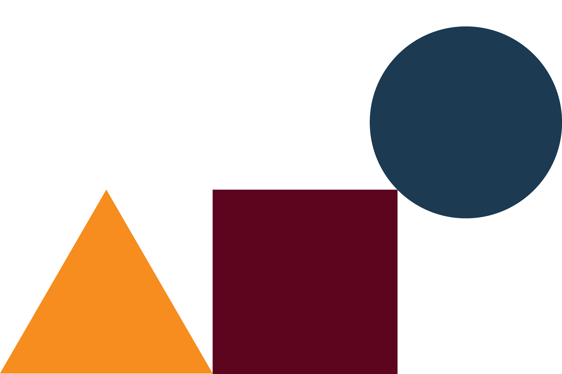An orange triangle on the left, a maroon rectangle in the middle, and a navy blue circle on the right.