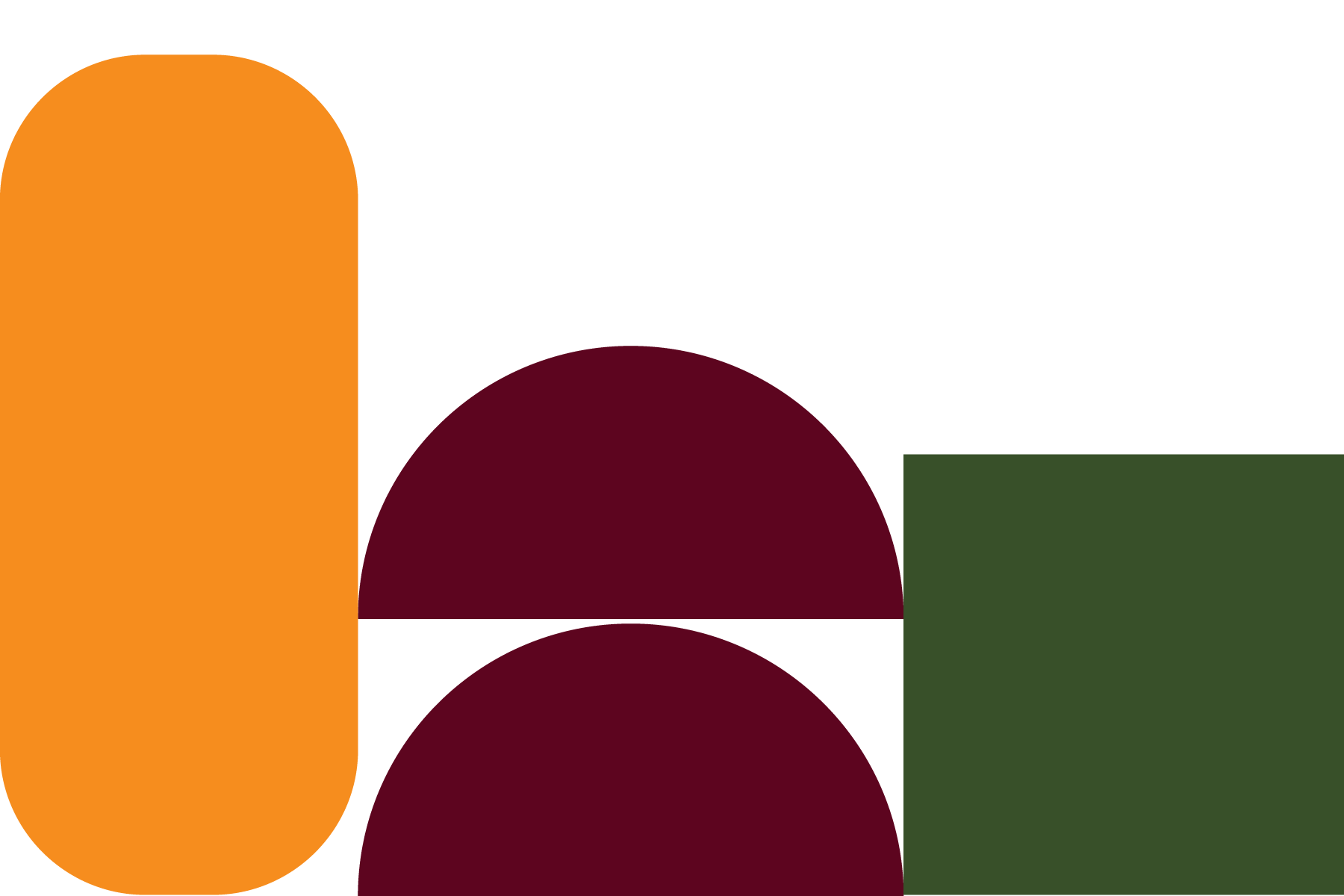 A digital illustration featuring abstract shapes and colors including an orange rounded rectangle, a dark red semicircle, a maroon semicircle, and a dark green square on a black background.