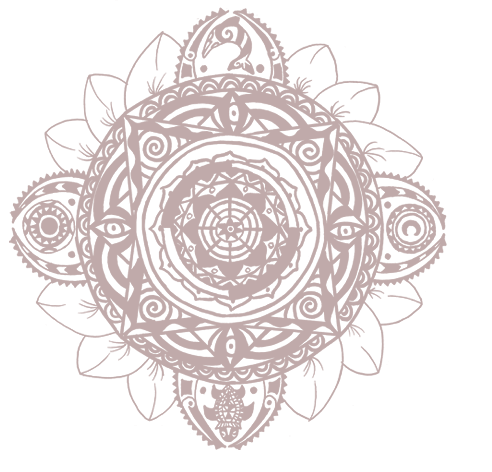 A detailed, symmetrical mandala design in brown with intricate patterns on a black background.