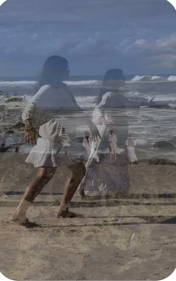 Double exposure photo of people walking on the beach with the ocean and waves in the background.