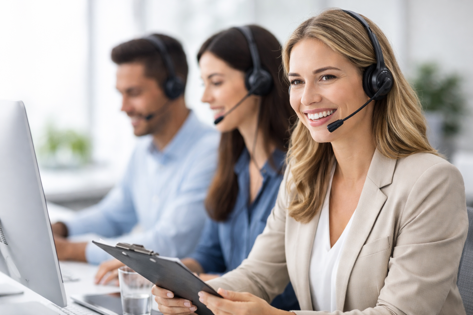 Equipo de atención telefónica gestionando llamadas para empresas en oficina profesional