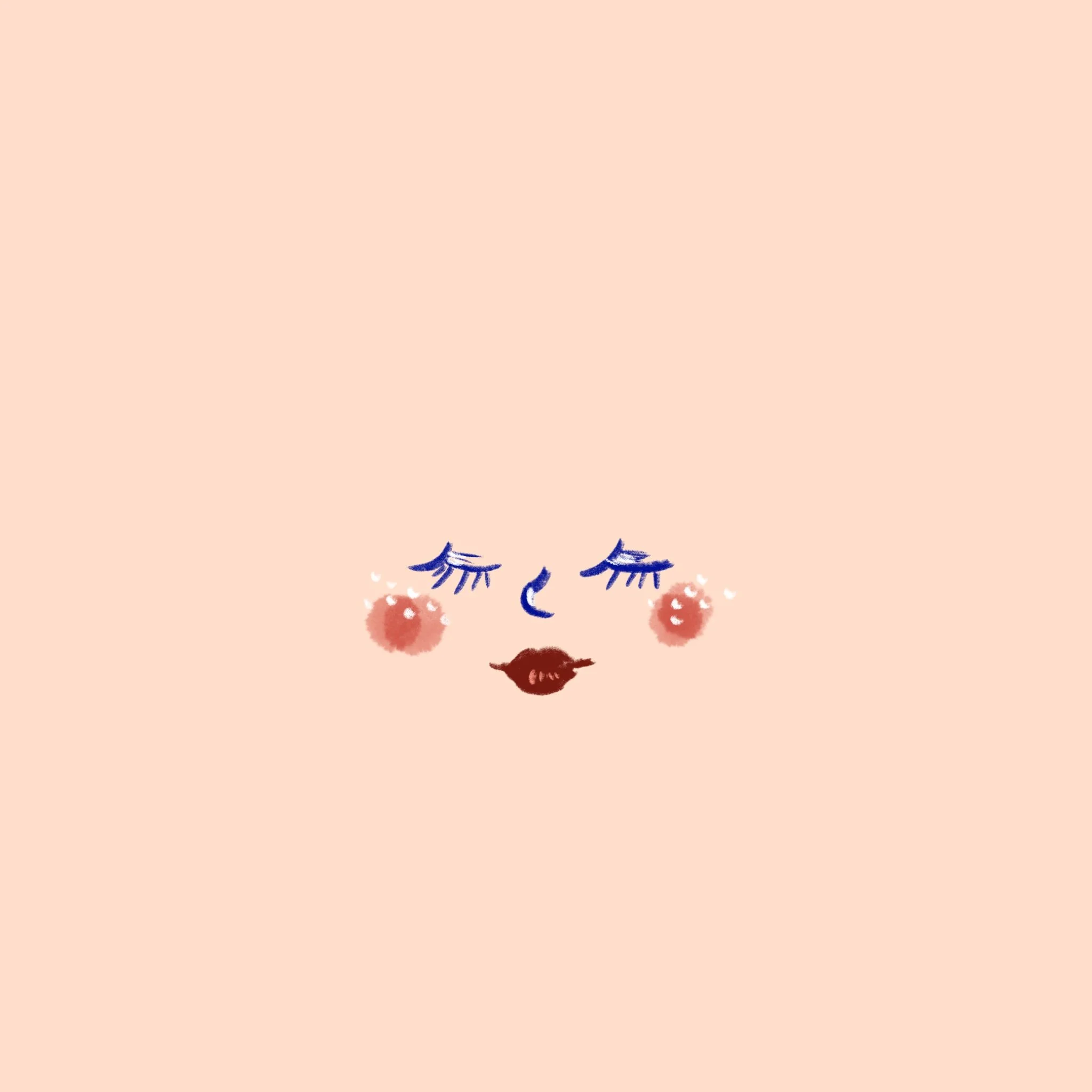 Minimalist illustration of a face with closed eyes, long eyelashes, blush on cheeks, a small nose, and dark lipstick, set against a light pink background.