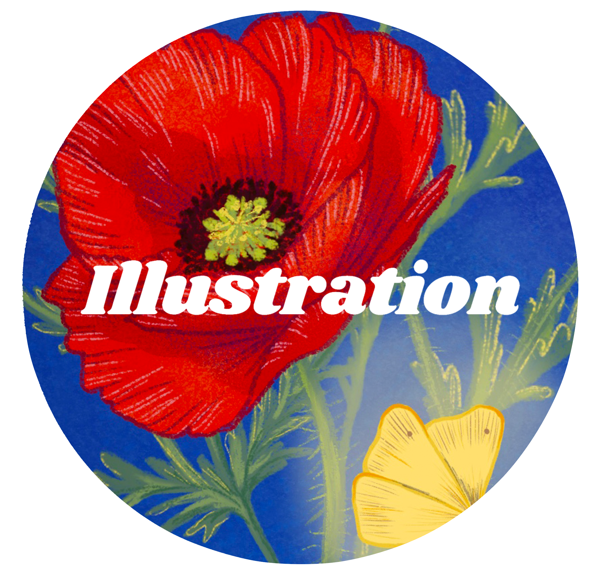 Digital illustration of a red poppy flower with green pistil and blue background, with the word 'Illustration' overlaid in white text and a yellow butterfly in the corner.