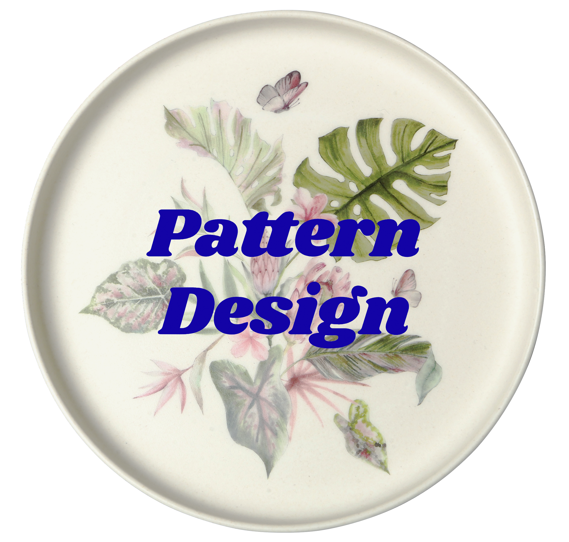 A decorative plate with a floral pattern featuring green leaves and pink flowers. The words "Pattern Design" are written in bold blue font across the center.