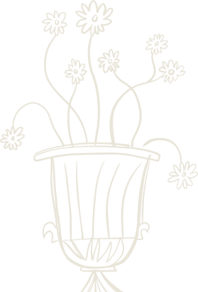 Doodle of a flowerpot with several flowers growing out of it, outlined in white on a black background.