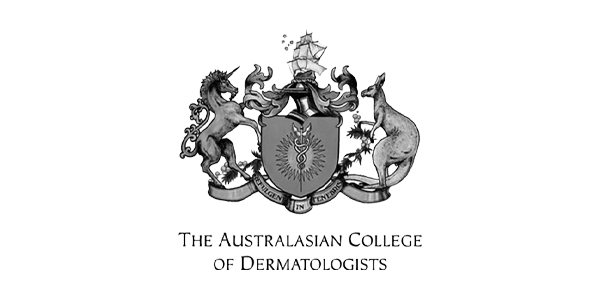 A black and white crest featuring a ship at the top, a shield with a hand and a sun, and two unicorns on either side, with the text "The AustralAsian College of Dermatologists."