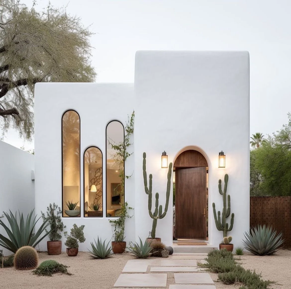 A modern white stucco house with tall arched windows, wooden door, and desert landscaping including cacti and agave plants.