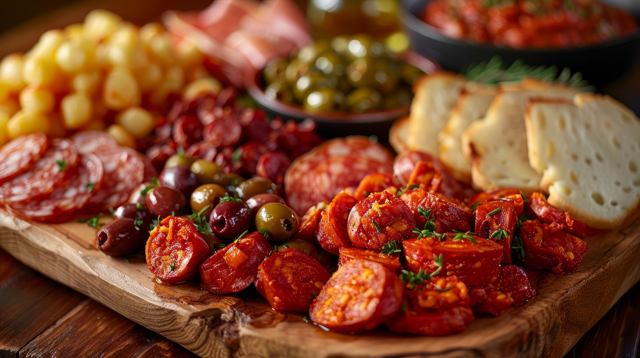 Charcuterie board with assorted cured meats, cheeses, olives, and marinated vegetables for wakes and business meeting catering from Soul Bowl - Nottinghamshire based catering company