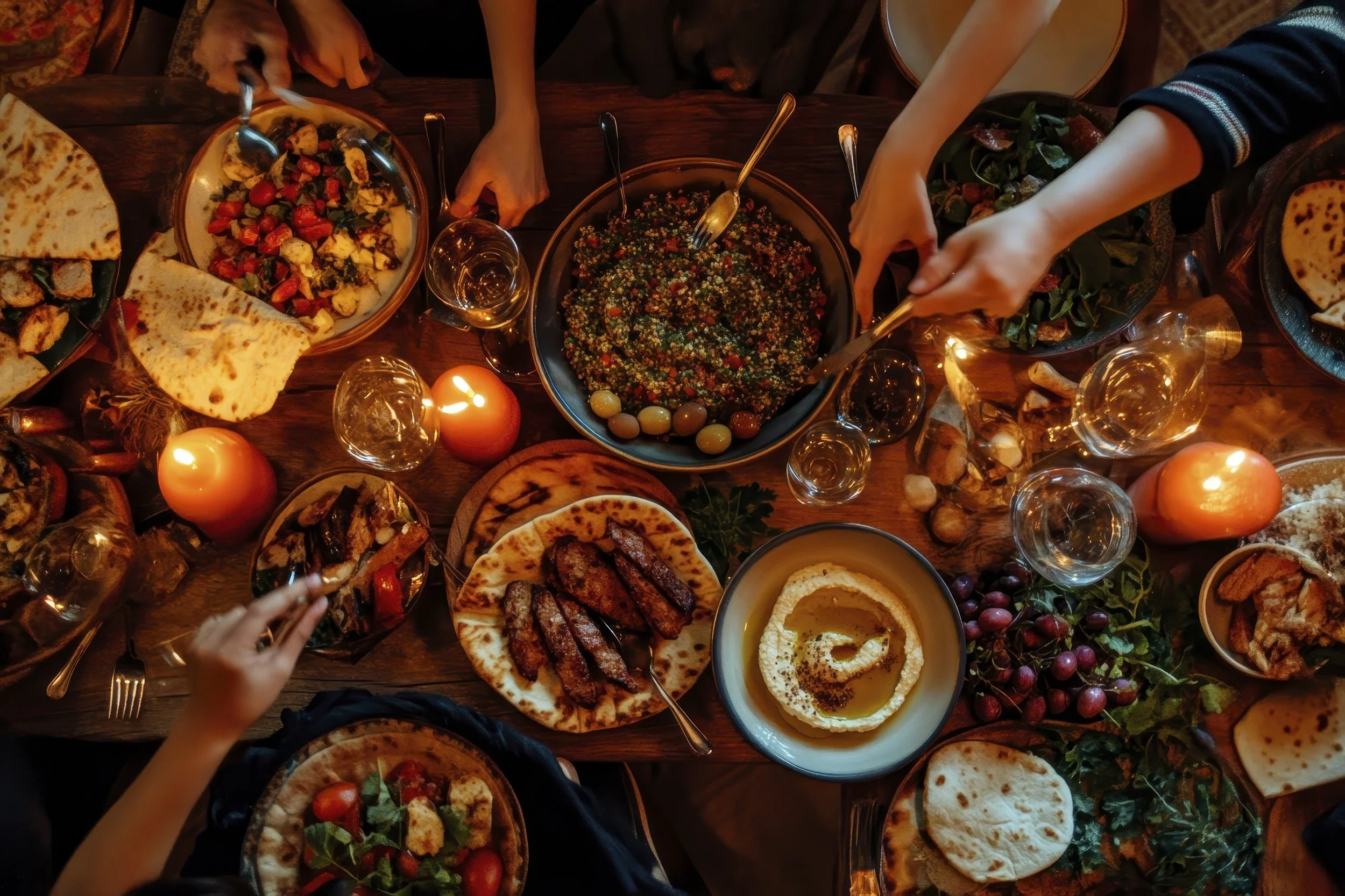 Overhead view of a table with various dishes including salads, bread, hummus, and drinks, with people reaching for food. cook at home meal kits by soul bowl nottinghamshire uk