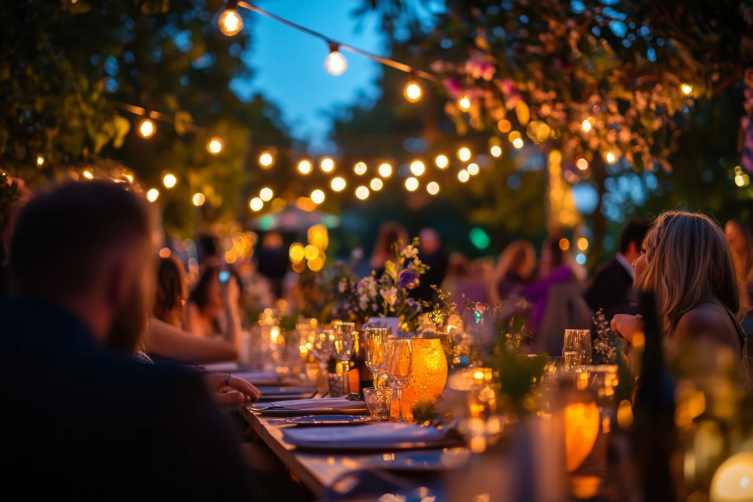 People gathered at an outdoor Soul Bowl dinner party during evening, illuminated by string lights and candles, with blurred background of trees and sky.