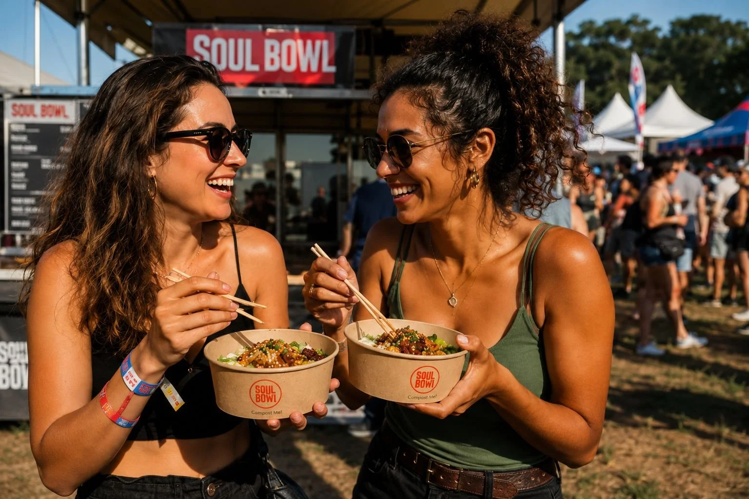 Two women smiling and eating bowls of food at an outdoor event called Soul Bowl, with other festival attendees and tents in the background. soul bowl festival poke bowl company food 