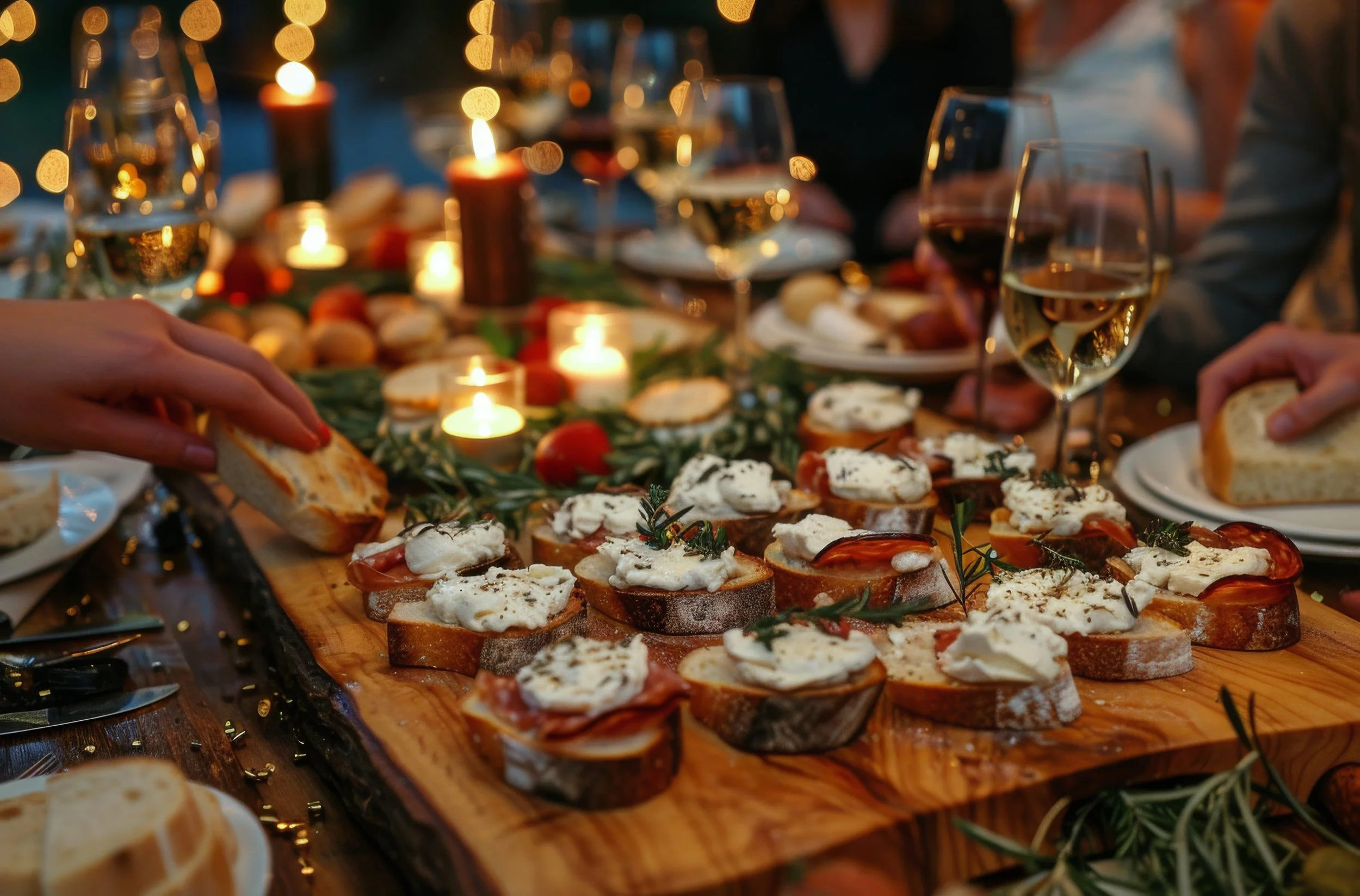 A table filled with various appetizers and finger foods, with glasses of white wine, set in a warm, dimly lit environment with candles and fairy lights. event catering by soul bowl. weddings, wakes, corporate events and funerals.