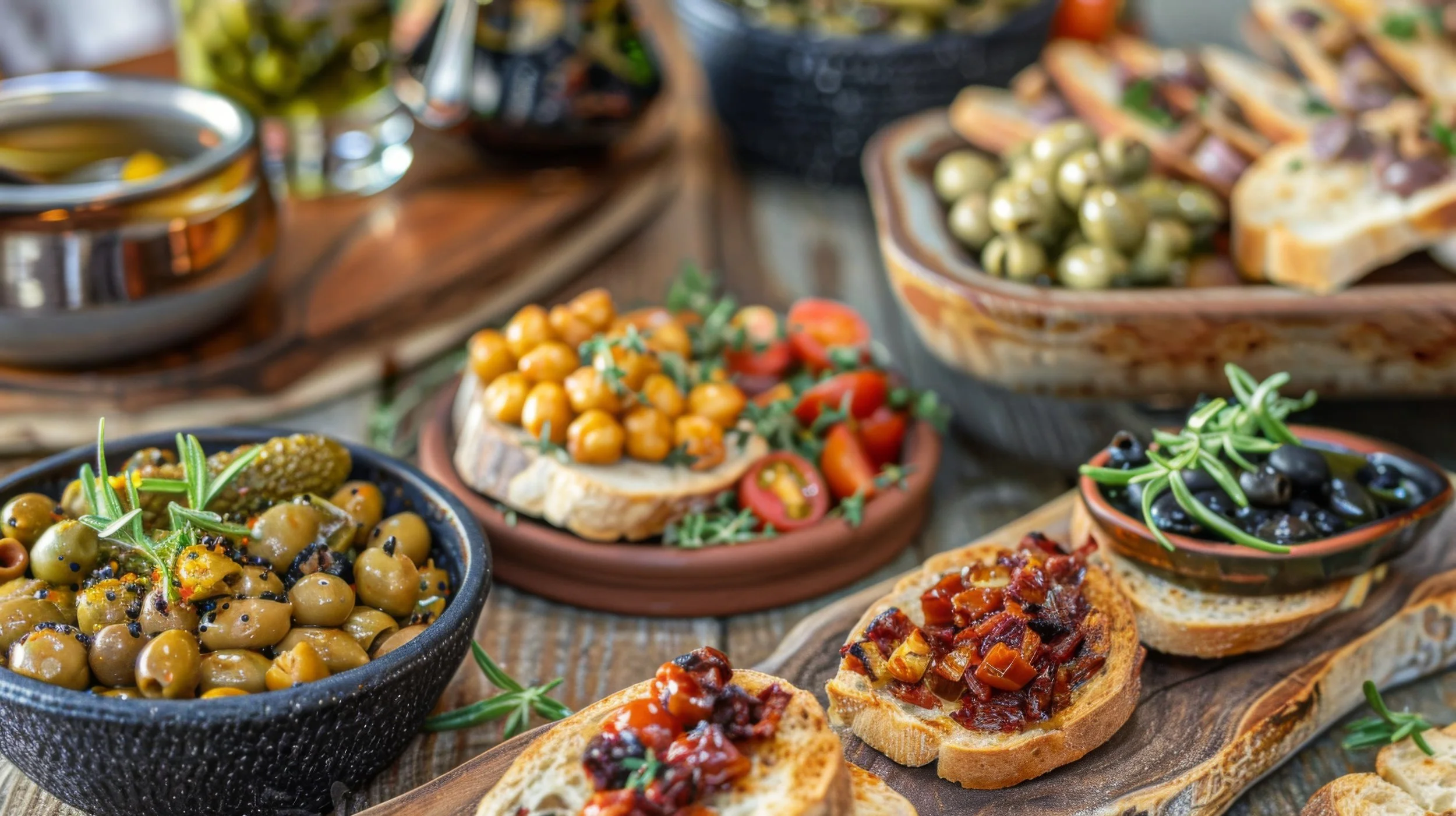 Various Mediterranean appetisers, including olives, cherry tomatoes, bread with toppings, and herb garnishes on a wooden table. event catering, wakes, weddings, business and festivals by Soul Bowl