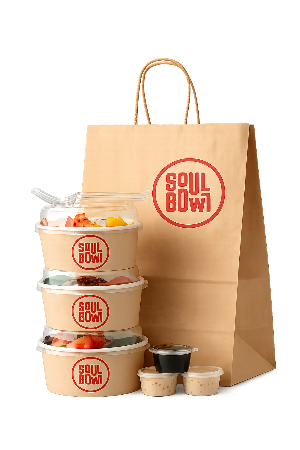 A takeout meal kit from Soul Bowl containers filled with food, along with three small side containers with home made dressing for dinner parties and bbqs