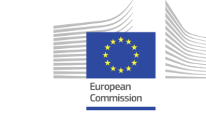 European Commission flag with blue background, yellow stars, and gray stripes, with text 'European Commission' underneath.