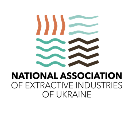 Logo of the National Association of Extractive Industries of Ukraine with stylized wave and line designs in red, teal, and black.