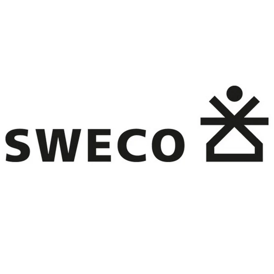 SWECO logo in black text with a stylized human figure icon.