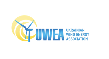 Logo of the Ukrainian Wind Energy Association with a wind turbine and a yellow sun background.