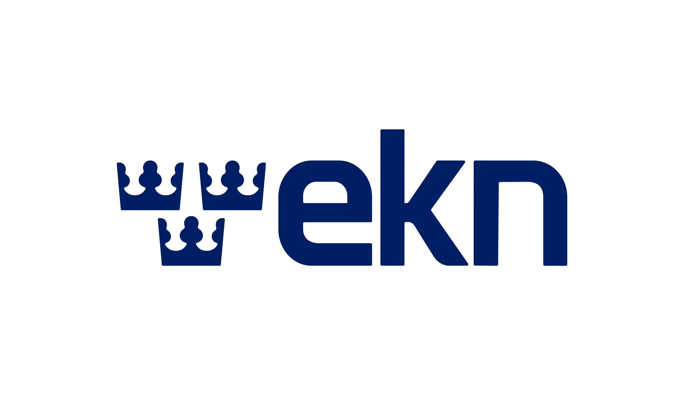 The logo features three navy blue crowns arranged in a horizontal row with the middle crown slightly lower, followed by the stylized lowercase letters 'ekn' in navy blue.