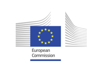 European Commission logo featuring a blue flag with yellow stars and stylized gray lines.