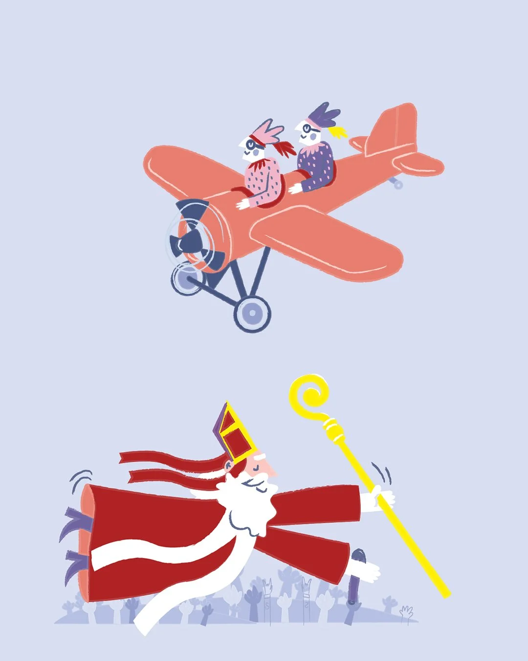 Playful illustration announcing the arrival of Sinterklaas in Bruges with hidden search elements and colouring pages for children