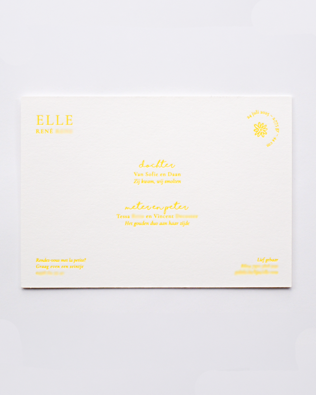 birth announcement yellow with letterpress and flowers