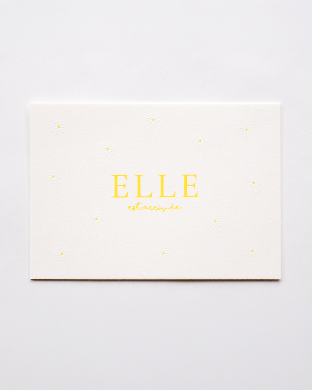 birth announcement yellow with letterpress and flowers