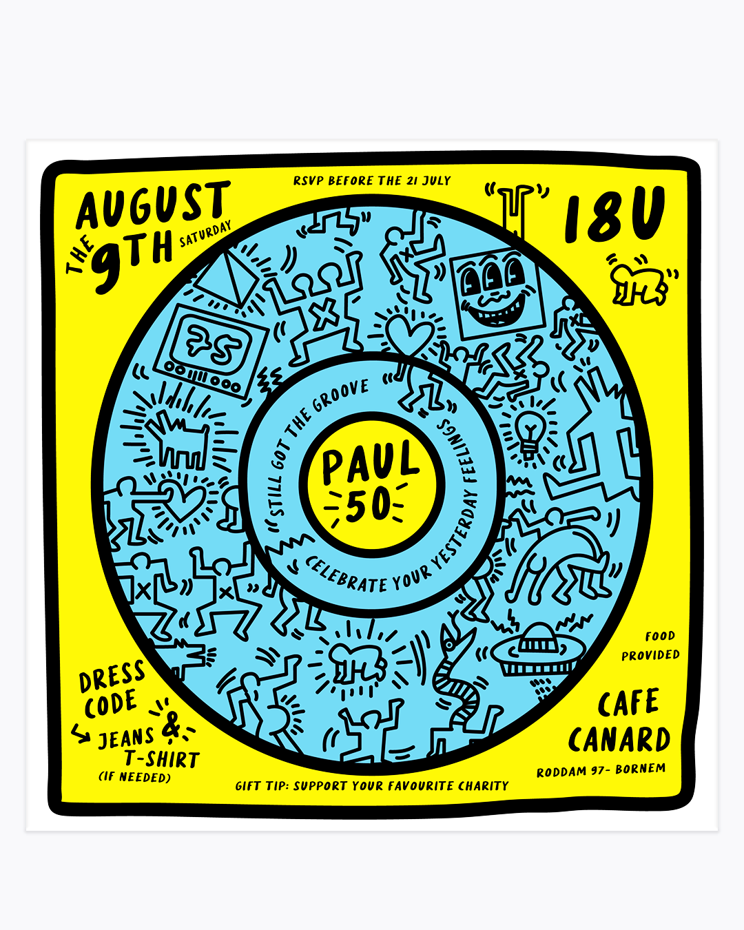 Illustrated birthday invitation inspired by Keith Haring style for 50th birthday celebration