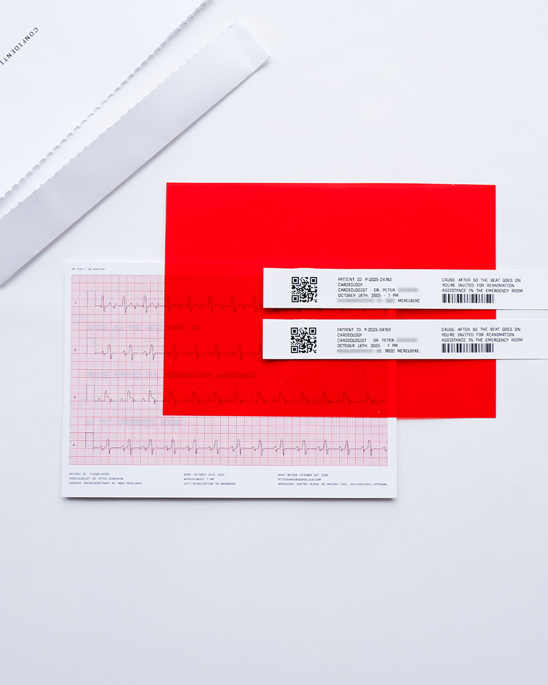 Concept birthday invitation inspired by hospital emergency room with hidden ECG message