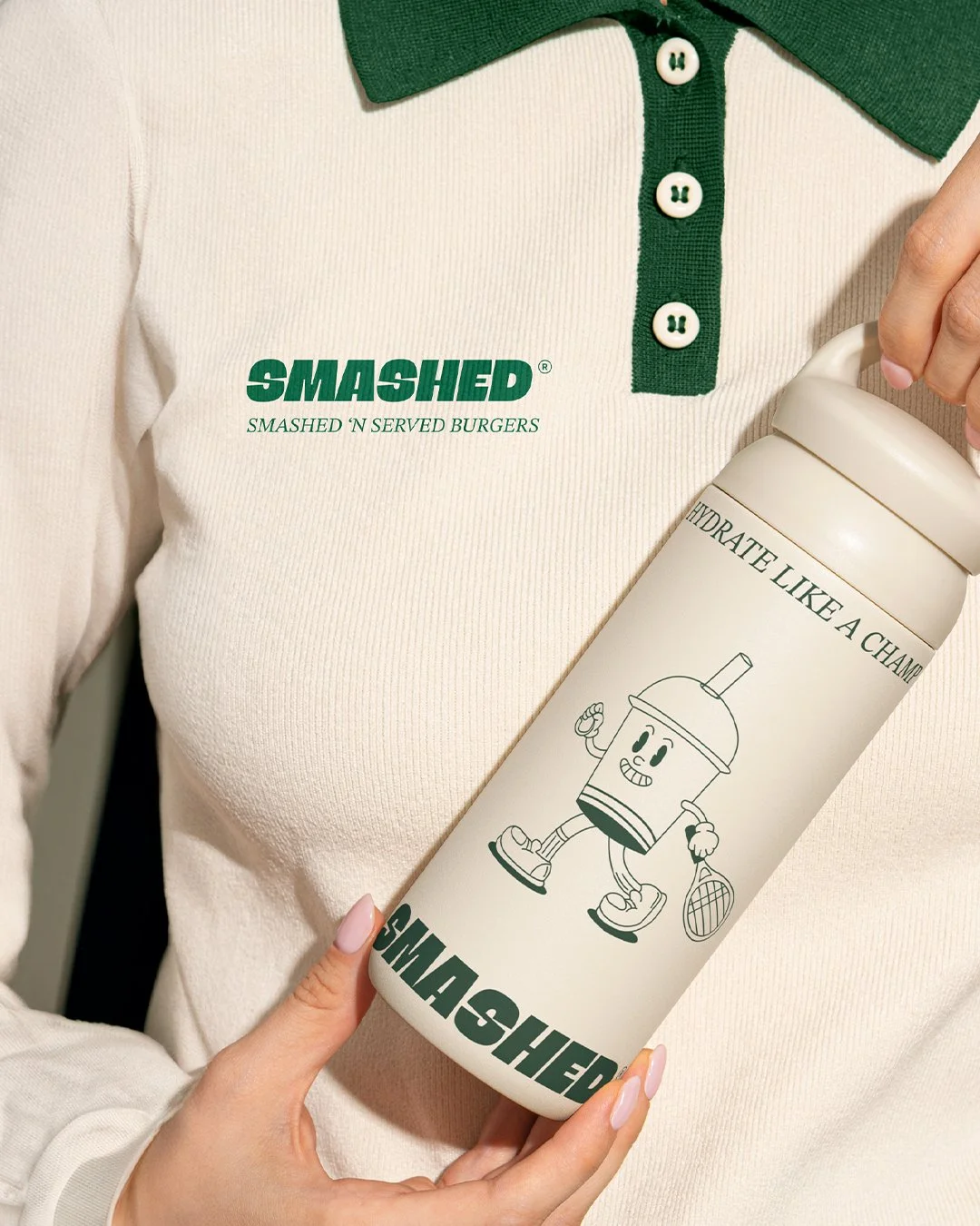 Brand identity concept for SMASHED burger restaurant with tennis-inspired theme and playful sports branding.