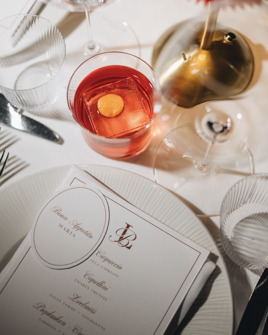 Italian-inspired 60th birthday stationery with digital invitation, menu and name cards in classic trattoria style