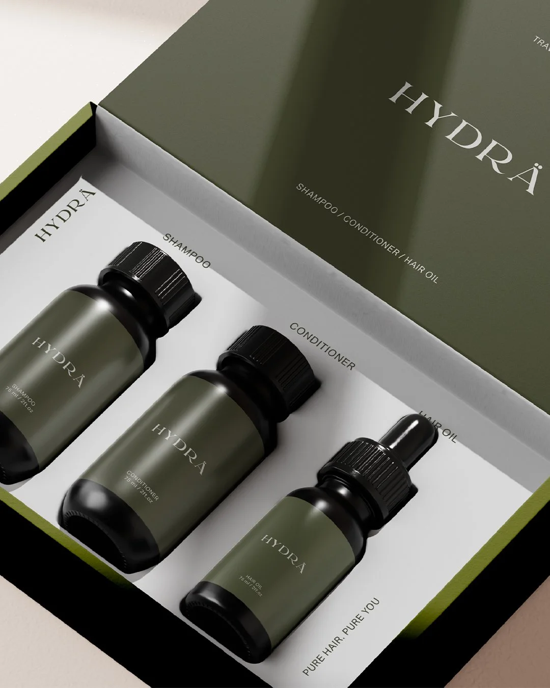 Branding proposal for Hydrä, a sustainable haircare brand focused on sulfate-free shampoos, clean beauty and nature-inspired design.