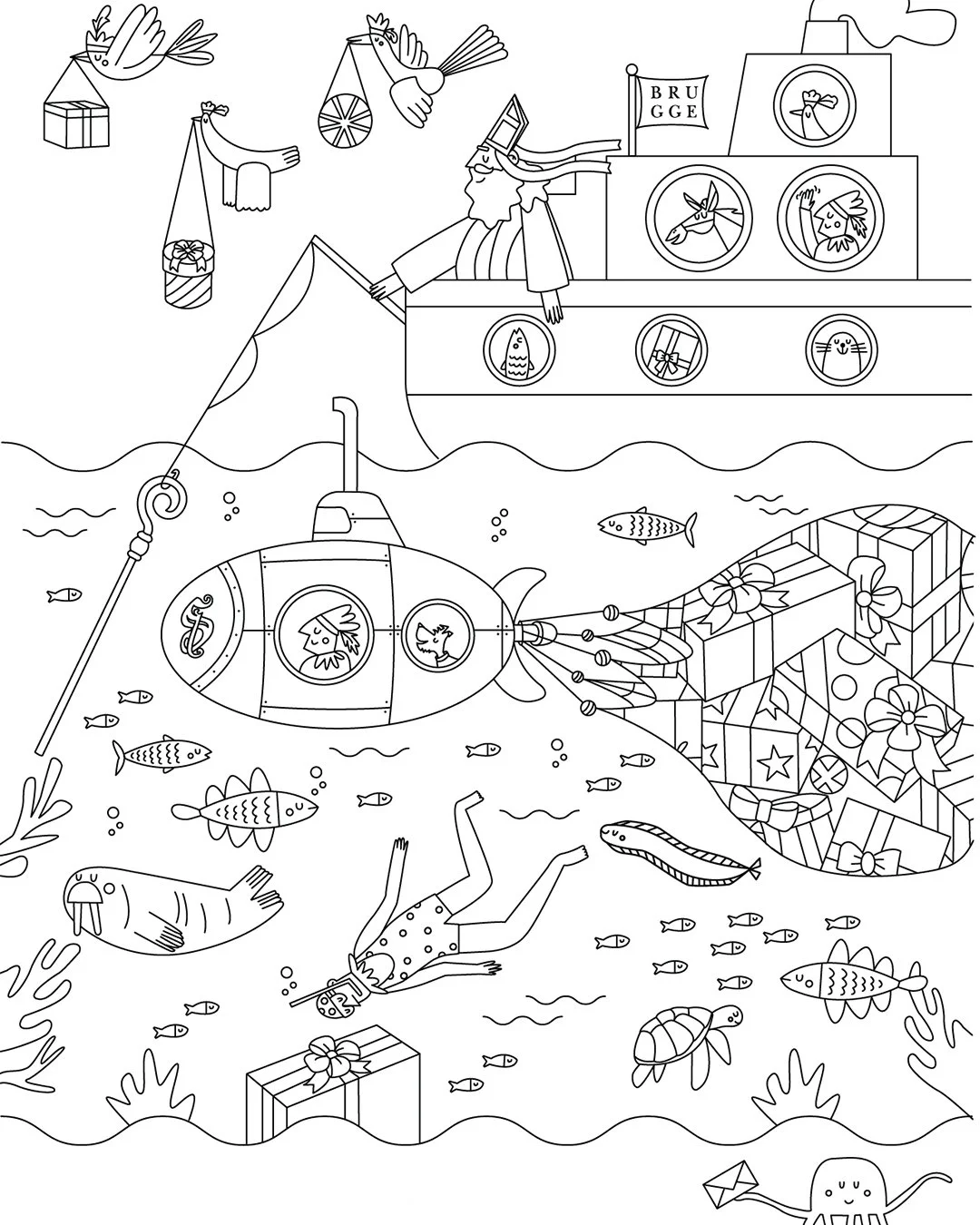 Playful illustration announcing the arrival of Sinterklaas in Bruges with hidden search elements and colouring pages for children