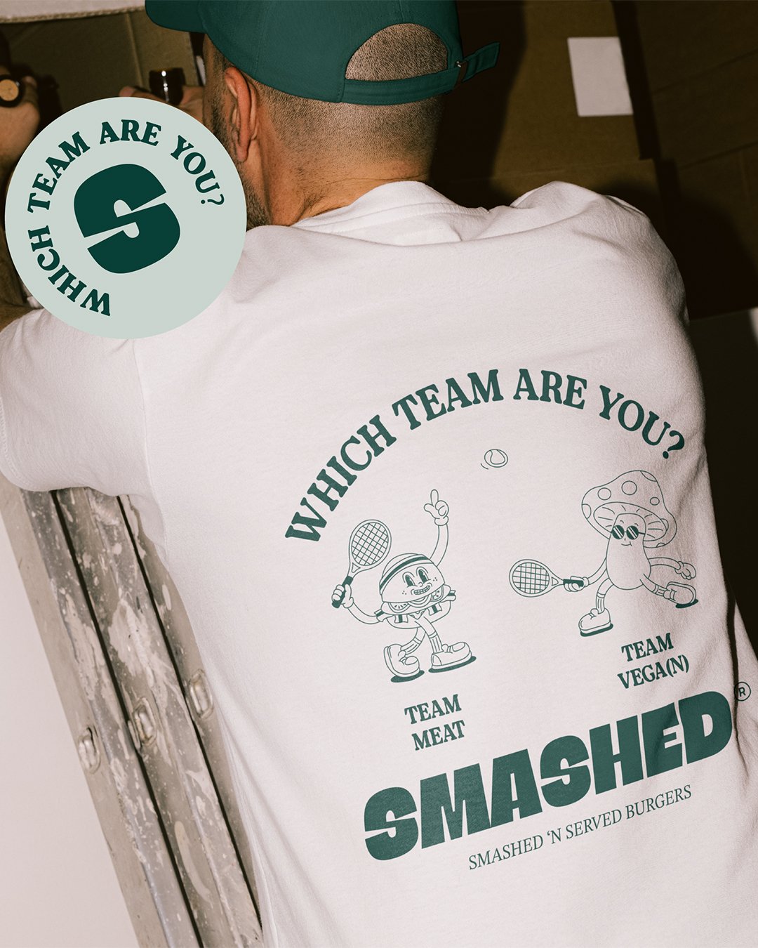 Brand identity concept for SMASHED burger restaurant with tennis-inspired theme and playful sports branding.