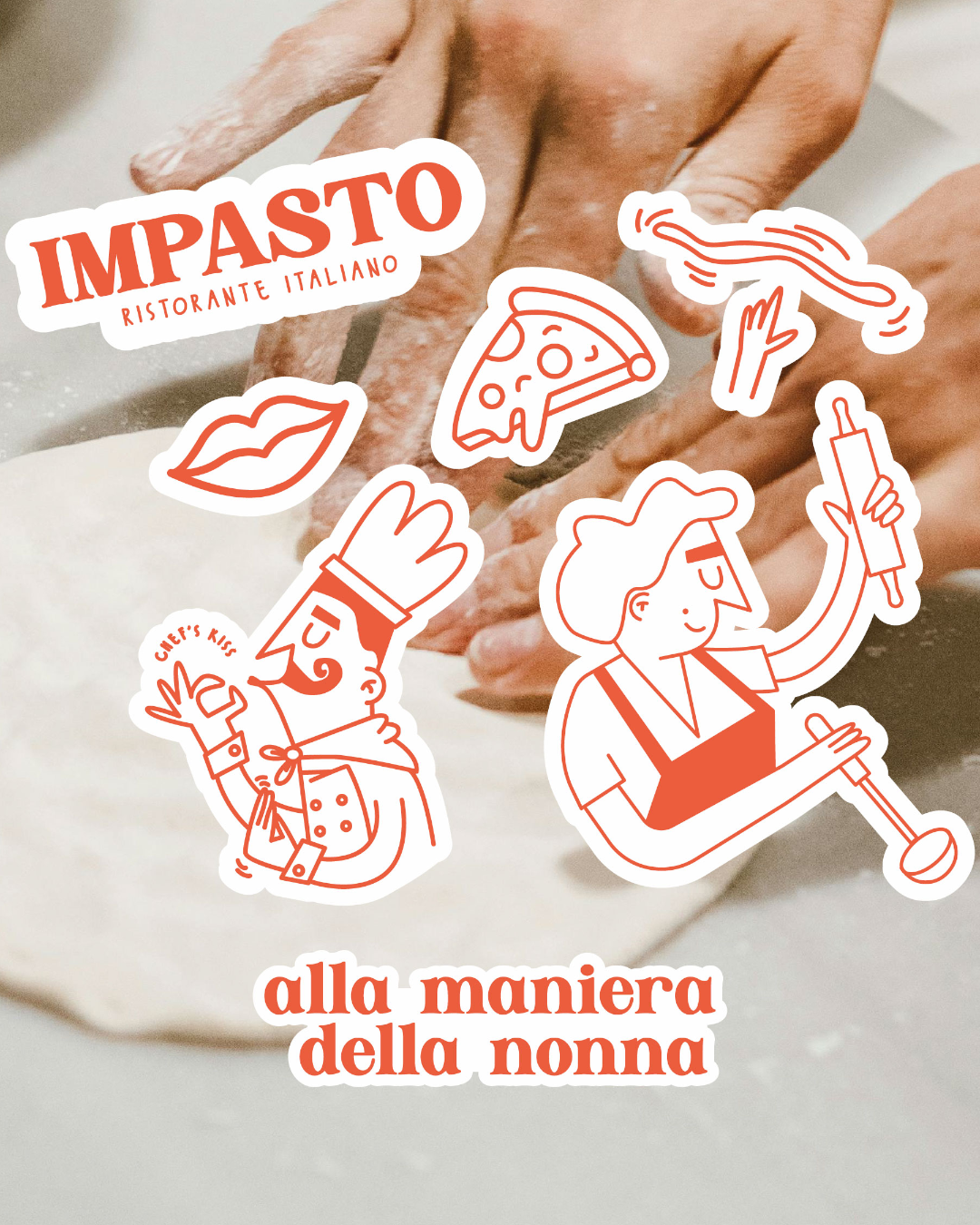 Impasto branding with hand-drawn nonna illustrations, expressive typography and subtle chef’s kiss details.
