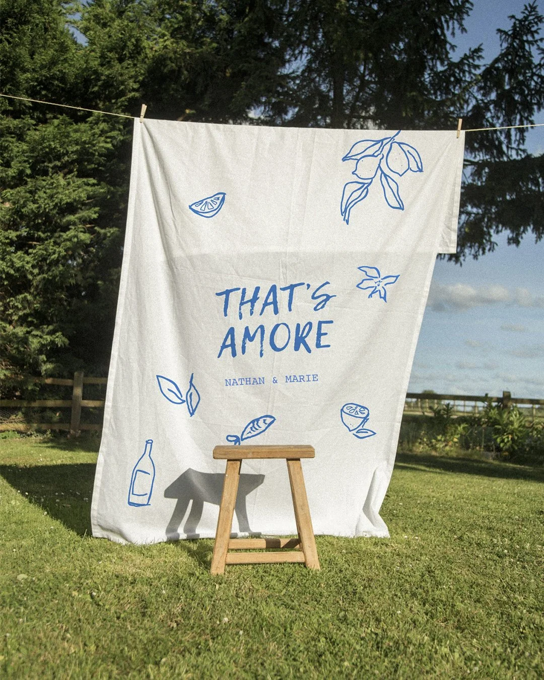 Colourful wedding invitation with Italian-inspired illustrations and Mediterranean styling.