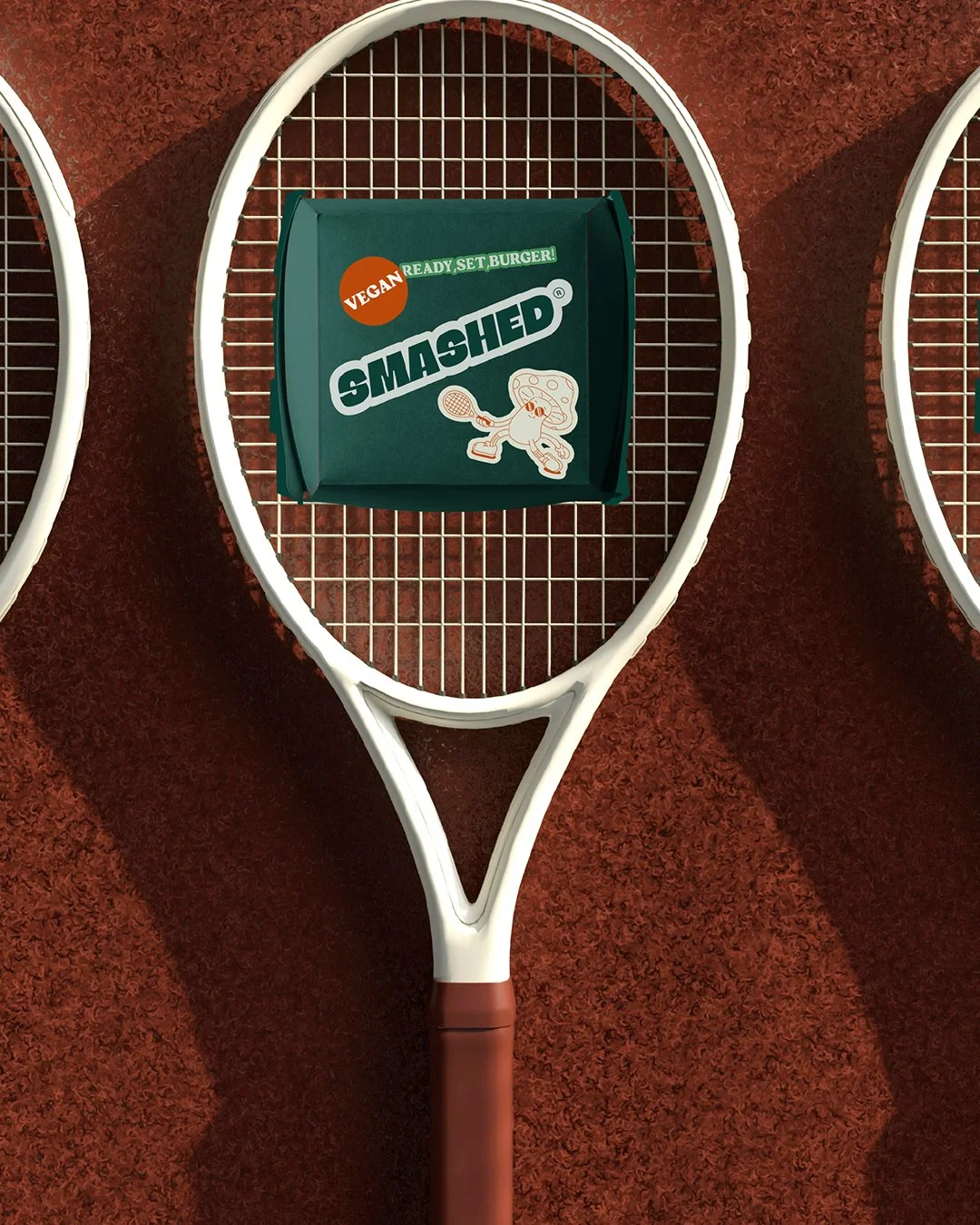 Brand identity concept for SMASHED burger restaurant with tennis-inspired theme and playful sports branding.