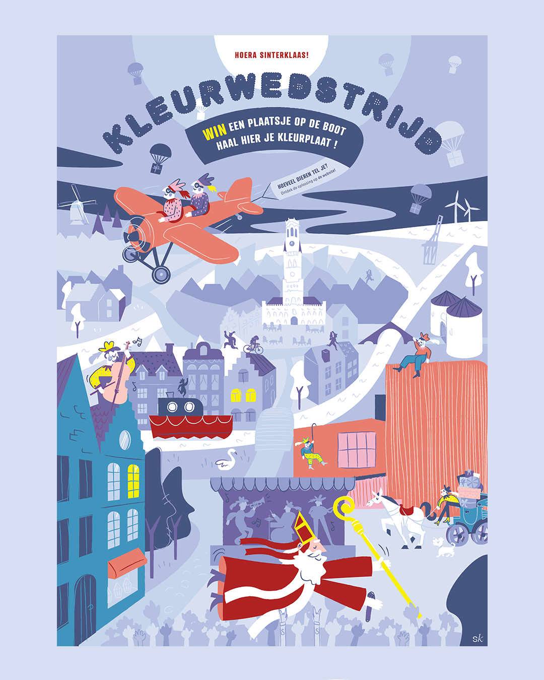 Playful illustration announcing the arrival of Sinterklaas in Bruges with hidden search elements and colouring pages for children