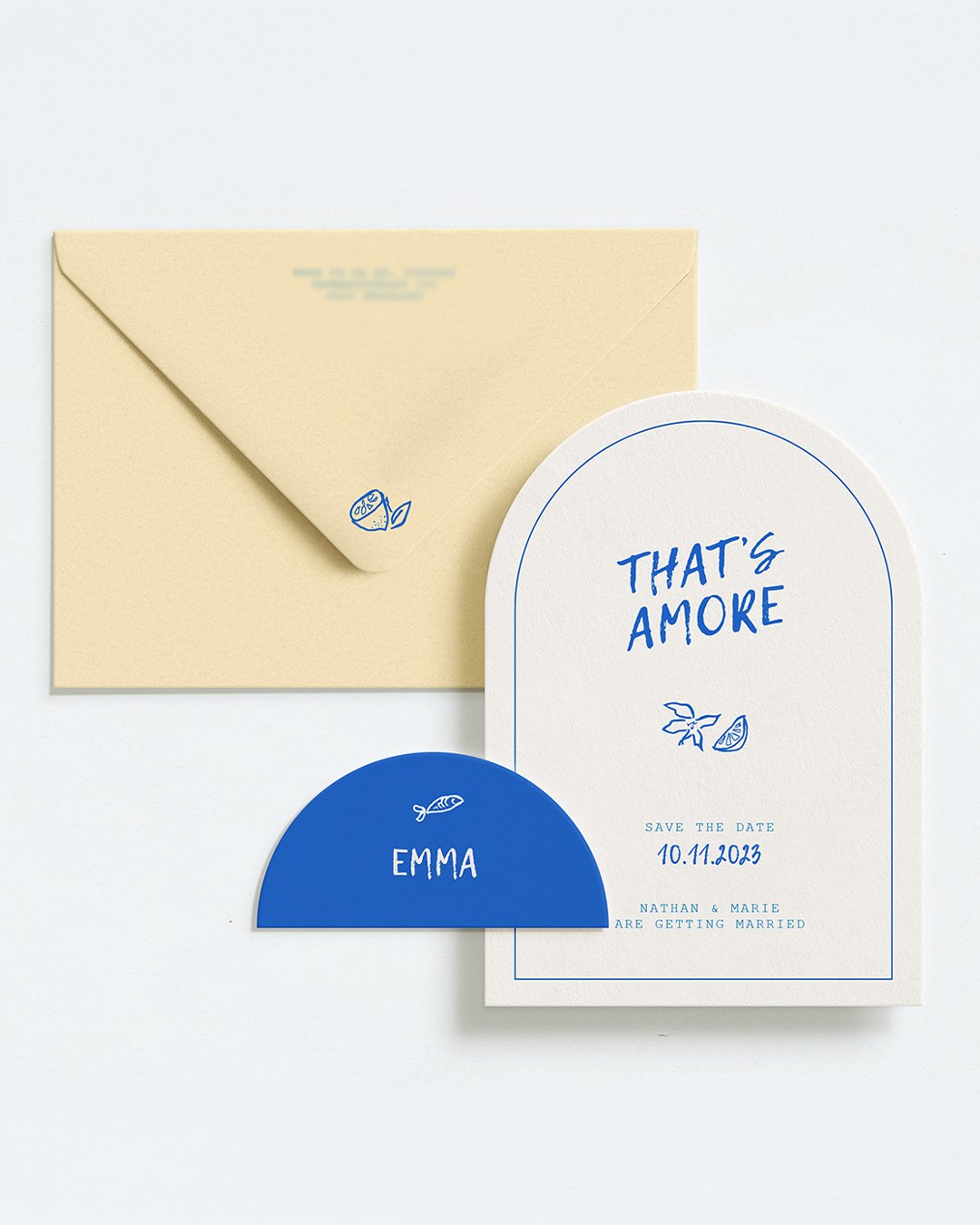 Colourful wedding invitation with Italian-inspired illustrations and Mediterranean styling.