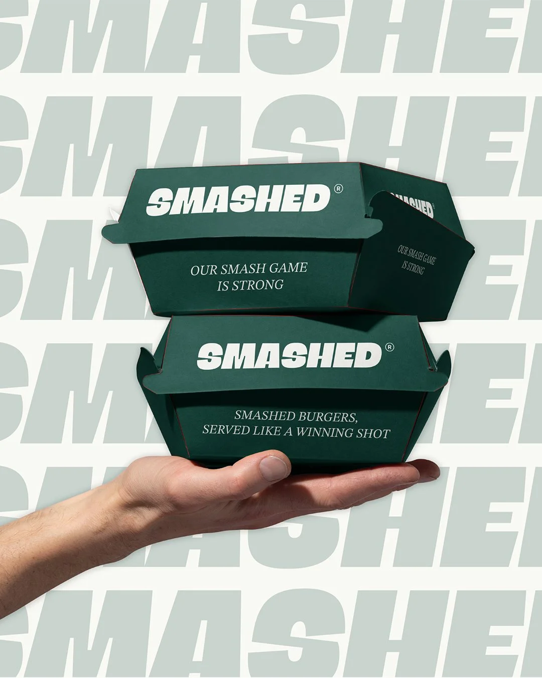 Brand identity concept for SMASHED burger restaurant with tennis-inspired theme and playful sports branding.