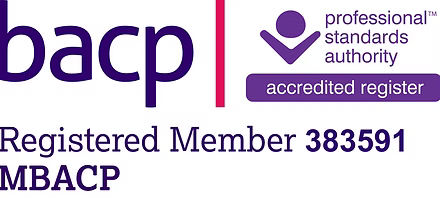BACP logo with 'professional standards authority' icon, 'accredited register' label, and 'Registered Member 383591 MBACP' text