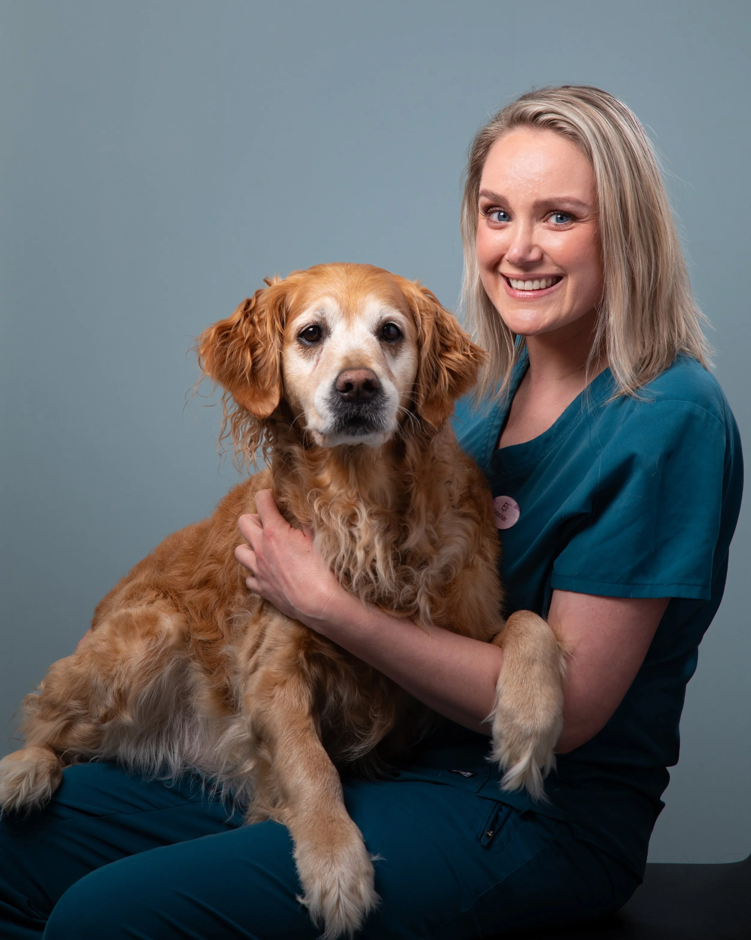En kvinne i blå sykepleiedrakt holder en golden retriever-hund i armene, mot en enkel blå bakgrunn.