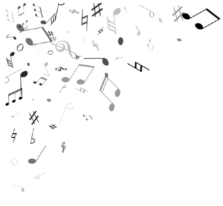 Music notes and symbols falling through the air against a black background.