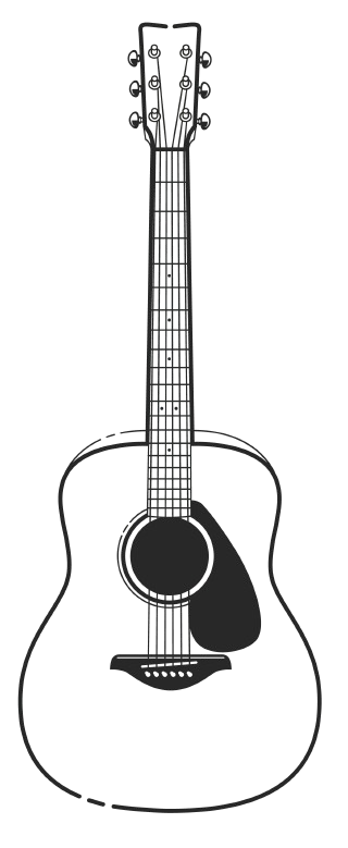 Outline of an acoustic guitar with tuning pegs, neck, and body visible.