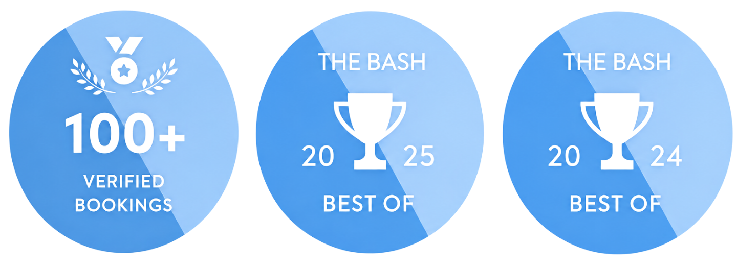 Three blue circular badge icons displaying achievement milestones for a booking platform. The first badge shows 100+ verified bookings, the second badge features a trophy with the year 2020 and 2025, indicating a 'Best Of' award, and the third badge has a trophy with the years 2020 and 2024, also indicating a 'Best Of' award.