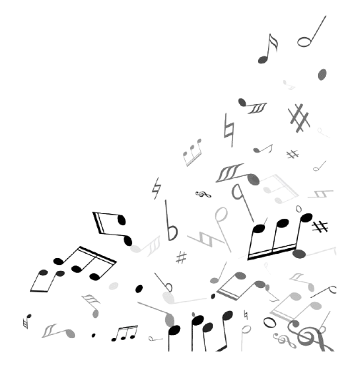 Music notes and symbols swirling in the air, some with a musical staff, in black and white illustration.