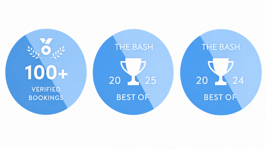 Three blue circular badges with white text and icons. The first badge shows a medal icon with laurel branches, stating "100+ Verified Bookings." The second and third badges feature a trophy icon with the text "The Bash" at the top, labeled "Best of" with different scores: 25 and 24, respectively, and the year "20" on the left side.