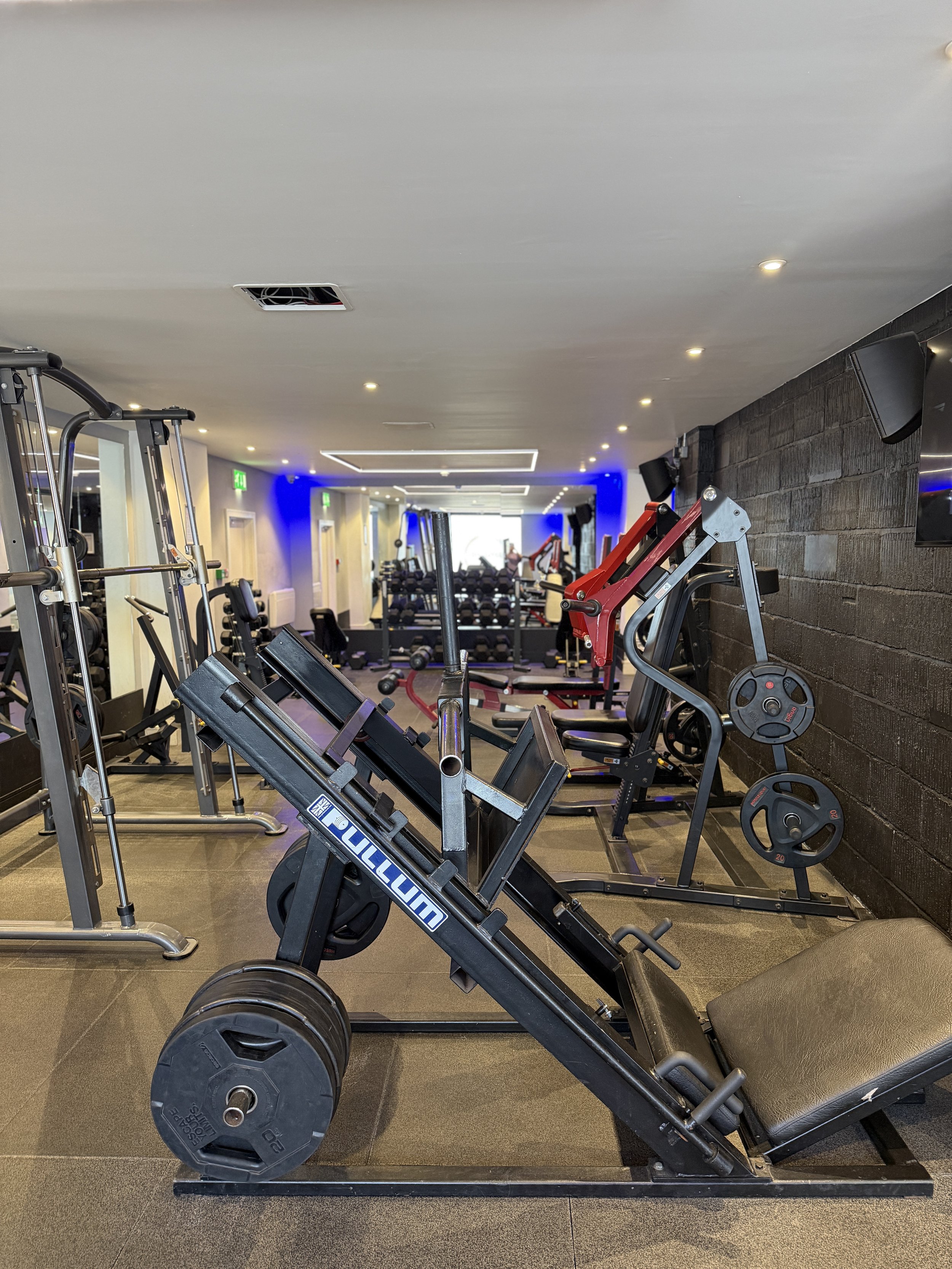 Gym with multiple workout machines, including a leg press and weight plates, with blue accent lighting and a brick wall on the right side.